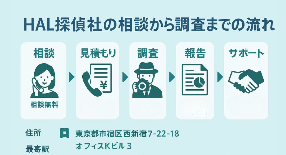 HAL探偵社の調査までの流れ｜相談・見積もり・調査・報告・サポートを図解で紹介
