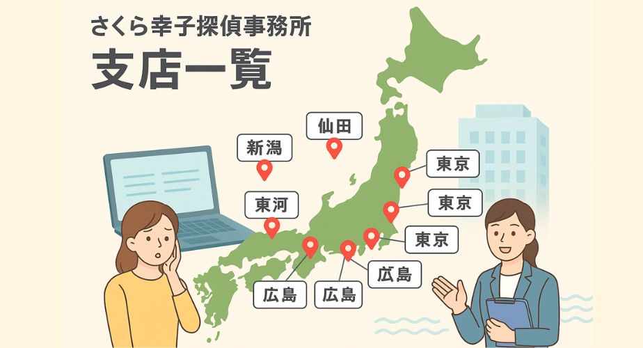 さくら幸子探偵事務所の全国支店一覧を視覚的に紹介した日本地図画像