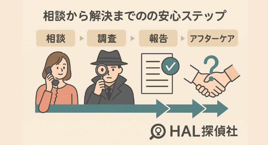 HAL探偵社に相談してから調査・報告・サポートまでの流れを可視化した画像