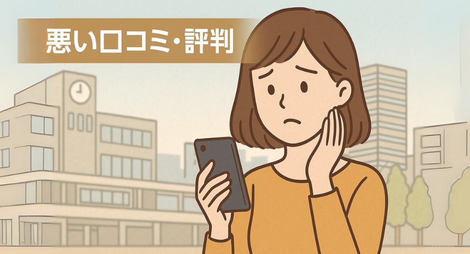 スマホで口コミをチェックする女性と大宮駅の街並みのイラスト