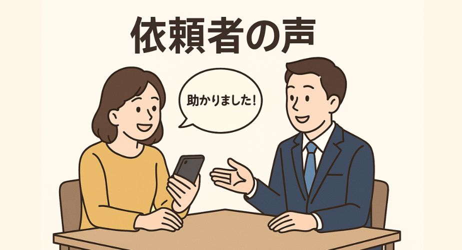 相談テーブルで話す依頼者と探偵のイラスト（吹き出し付き）