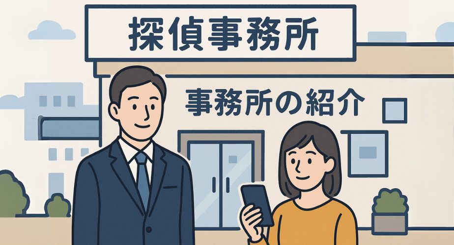 大宮駅前の探偵事務所を紹介するイラスト（スーツの男性と女性）
