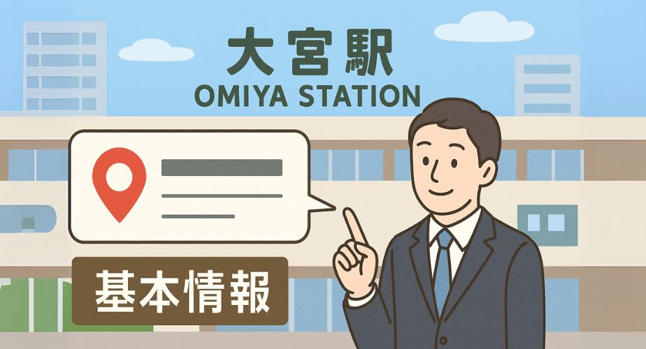 大宮駅の背景と住所プレート・地図アイコンのイラスト