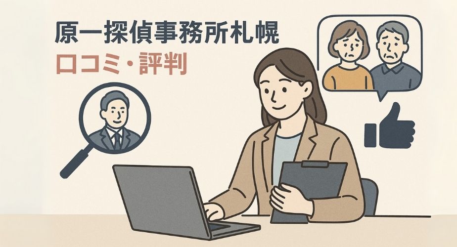 札幌の探偵事務所「原一探偵事務所札幌」の口コミや評判をやさしいイラストで描いたイメージ。ビジネス風の落ち着いた色合いで信頼感を表現。