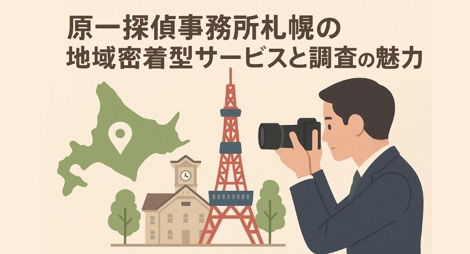 原一探偵事務所札幌の地域密着型サービスを表すイメージ。やさしいイラストで、北海道の地図や札幌のランドマーク、調査員が現地で活動する様子をビジネス風の落ち着いた色合いで描写。