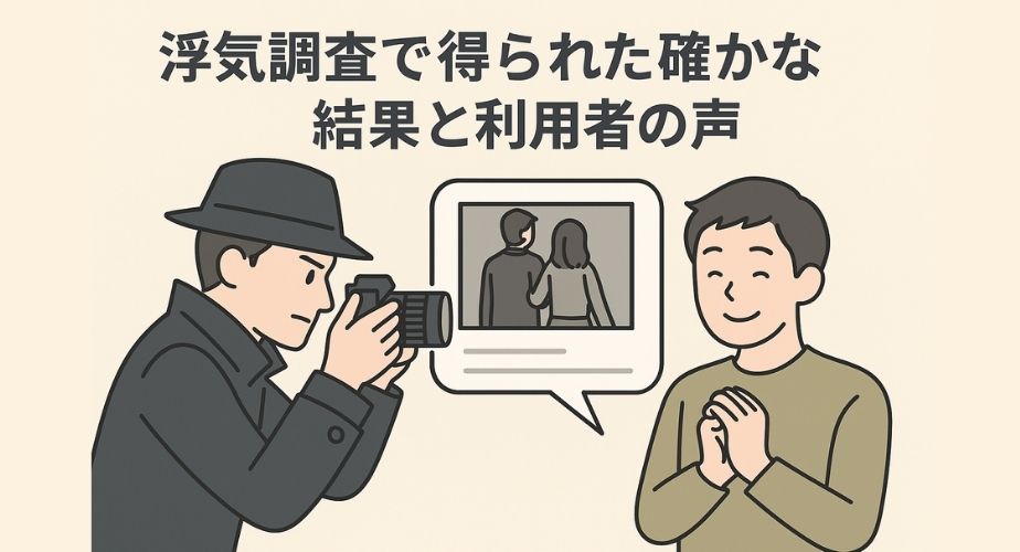 原一探偵事務所札幌が行った浮気調査で得られた証拠と、利用者の声を表すイメージ。やさしいイラストで、探偵がカメラで撮影し、利用者が安心した表情を見せる様子を描写。