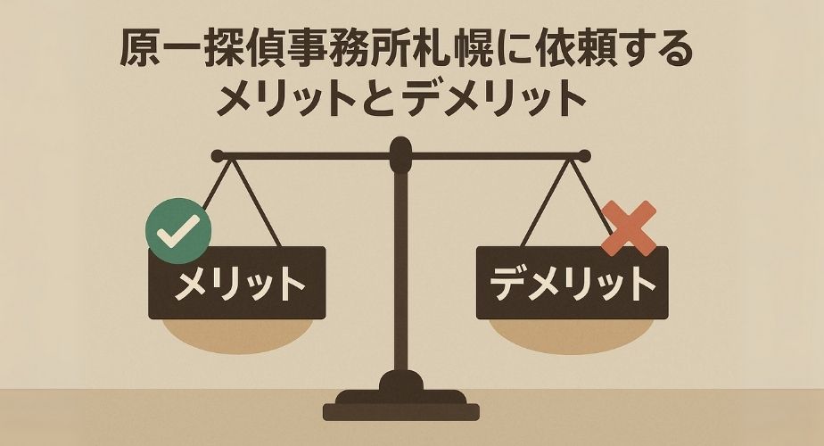 原一探偵事務所札幌に依頼するメリットとデメリットを表すイメージ。やさしいイラストで、天秤にメリットとデメリットを乗せ、ビジネス風の落ち着いた色合いで描写。