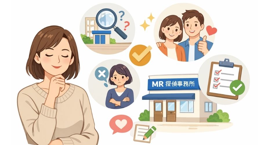 MR探偵事務所八王子駅前相談室の口コミや評判を見て安心する主婦のイラスト