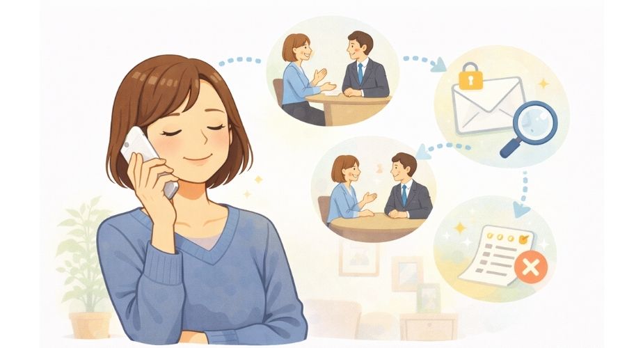 探偵事務所へ相談する流れをイメージした女性のイラスト