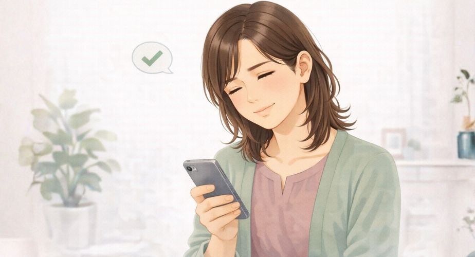 探偵社の良い口コミを見て安心した表情の主婦のイラスト