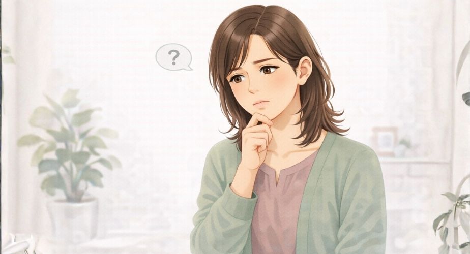 探偵社の口コミを見て少し不安そうに考える主婦のイラスト