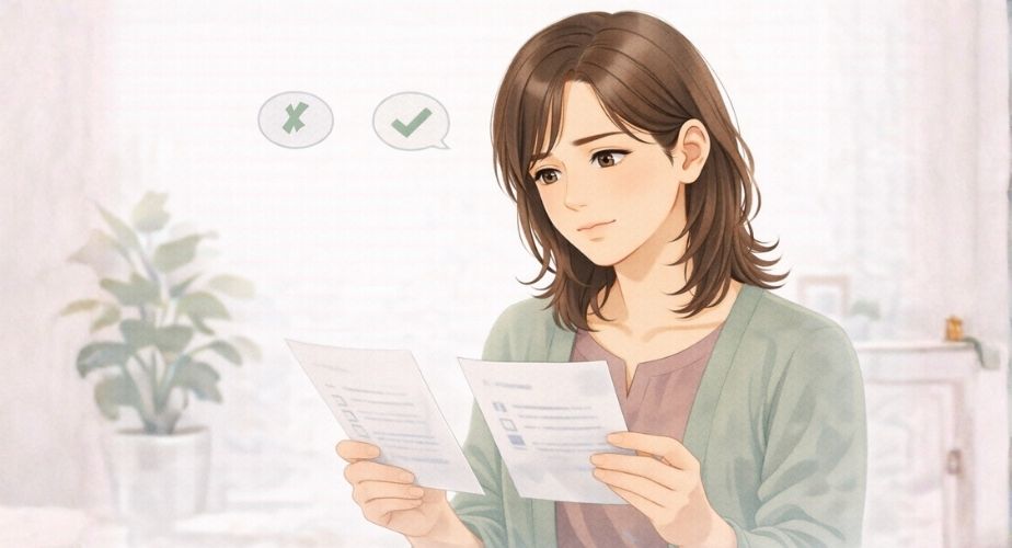 複数の探偵社を比較しながら検討している主婦のイラスト