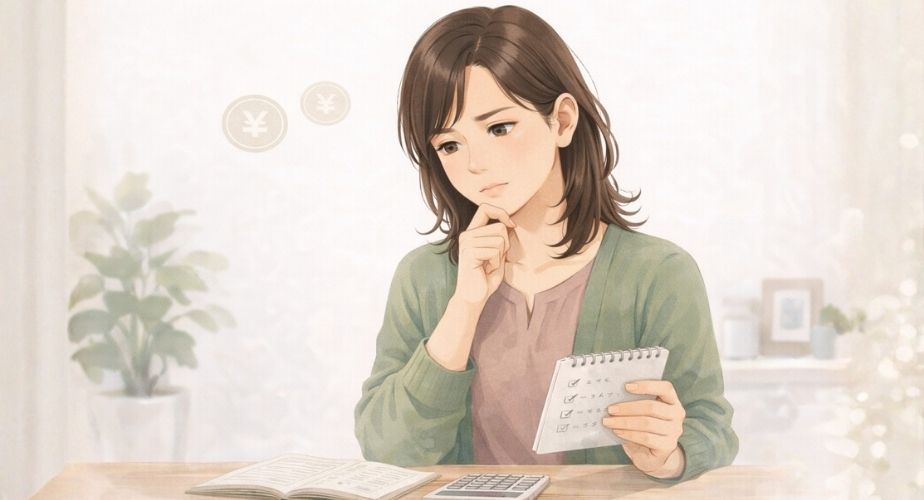 調査費用を確認しながら考えている主婦のイラスト