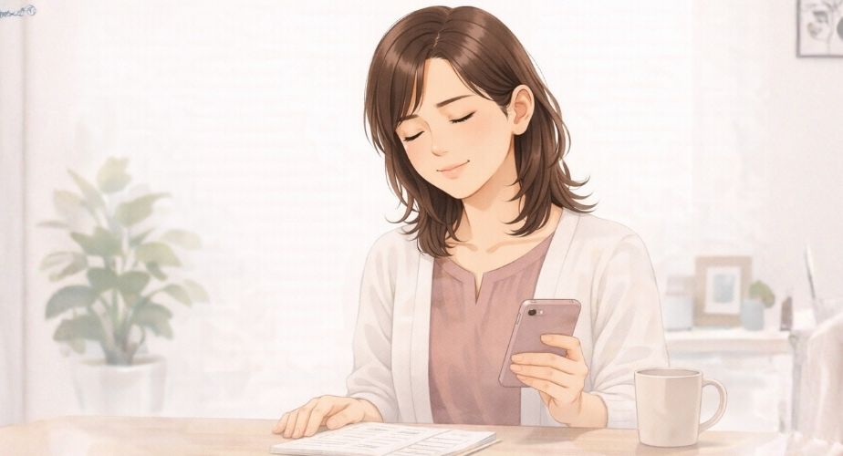 情報を整理して納得した表情の主婦のイラスト
