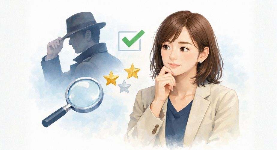 原一探偵事務所 新宿の口コミや評判をもとに信頼性を冷静に検証する日本人向け大人イメージイラスト