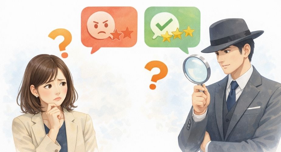 原一探偵事務所 新宿の悪い口コミや評判を検証するイメージイラスト