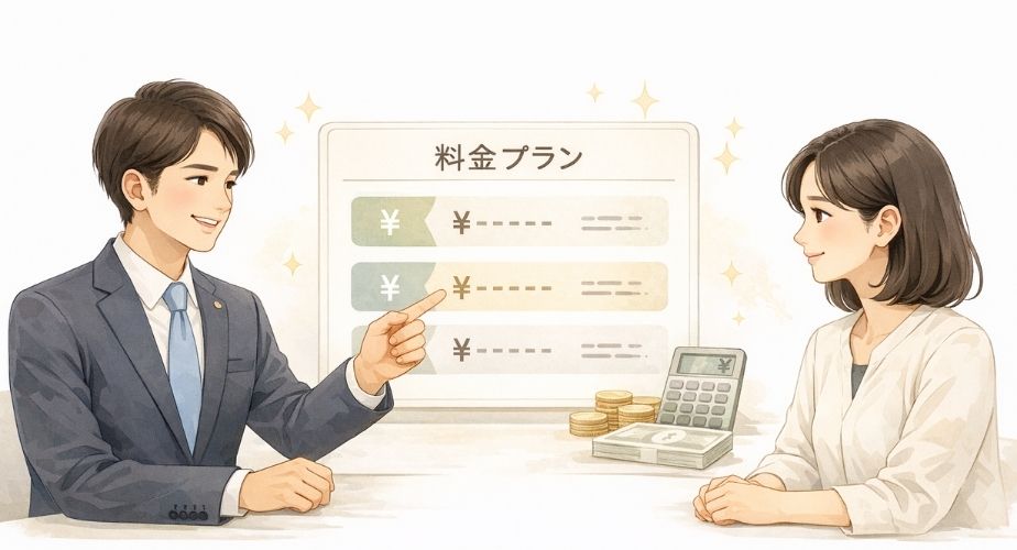 ラビット探偵社の料金体系を相談員と一緒に確認しているイメージ