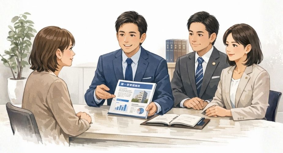 原一探偵事務所の会社概要や信頼性を説明する相談員と主婦のイメージイラスト