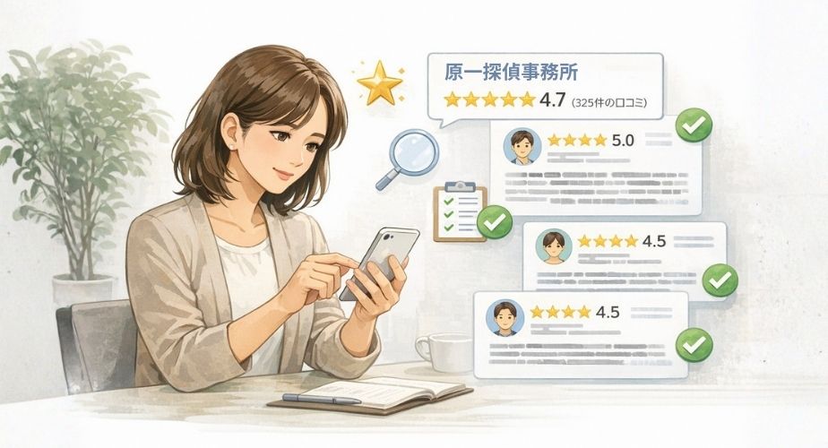 原一探偵事務所の口コミや評判を冷静に確認する主婦のイラスト