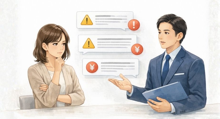 原一探偵事務所の悪い口コミや注意点を冷静に考える主婦のイメージ