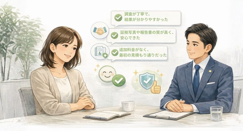 原一探偵事務所の良い口コミや満足度の高さを表現したイラスト