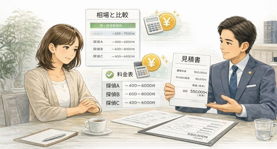 原一探偵事務所の料金や費用相場を確認する主婦のイラスト