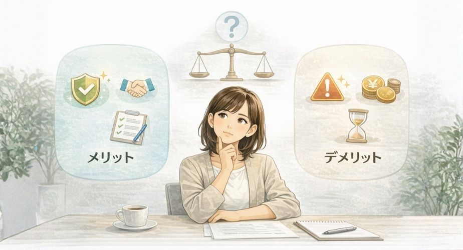 原一探偵事務所のメリットとデメリットを比較検討する主婦のイメージ