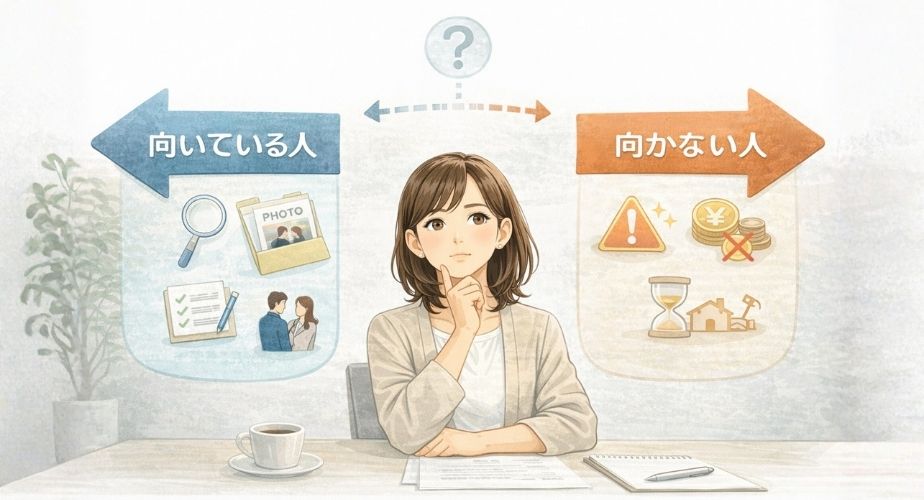 原一探偵事務所が自分に向いているか考える主婦のイラスト