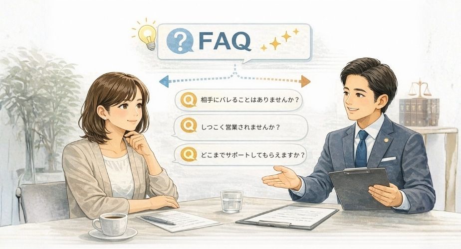 原一探偵事務所のよくある質問に回答する相談員と主婦のイメージ