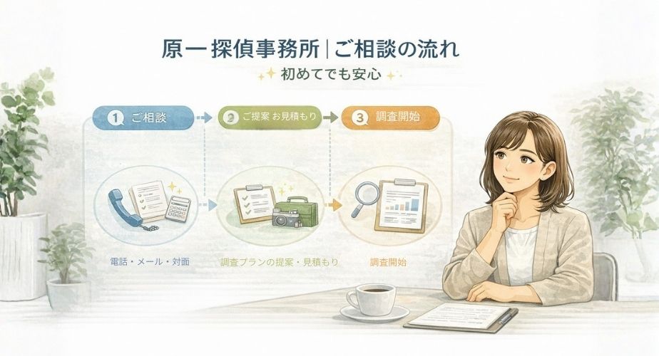 原一探偵事務所の相談から調査完了までの流れを表したイラスト