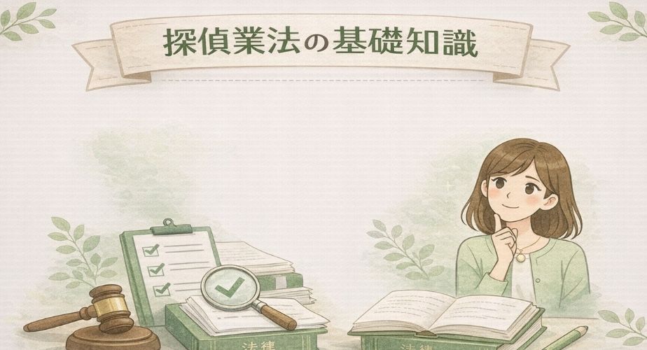 探偵業法の基礎知識を理解しようとしている主婦のイラスト