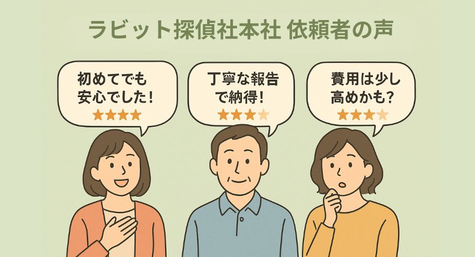 ラビット探偵社本社に寄せられた依頼者3人のリアルな口コミを紹介するイラスト。