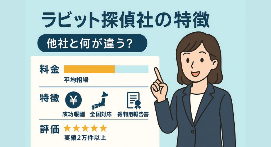 ラビット探偵社の特徴を紹介する画像。ライトブルーの背景にスーツ姿の女性が指差しで説明し、料金比較バーや成功報酬・全国対応などの特徴アイコンが並ぶ。