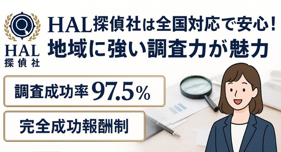 HAL探偵社の公式風デザインバナー。背景は白を基調とした書類と虫眼鏡の探偵業務イメージ。中央に「HAL探偵社は全国対応で安心！地域に強い調査力が魅力」のタイトルが大きく表示され、「調査成功率97.5％」「完全成功報酬制」といった信頼性の高い実績も目立つ。右下には電話中の女性イラスト付きで、誠実で安心感のある印象。
