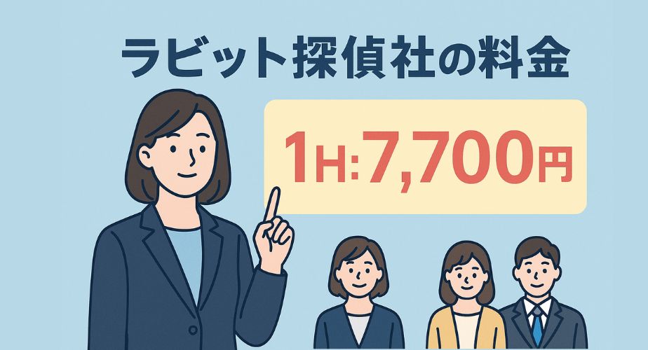 ラビット探偵社の料金を示す画像。青背景にスーツ姿の女性が「1H: 7,700円」と表示された黄色の枠を指さしている。