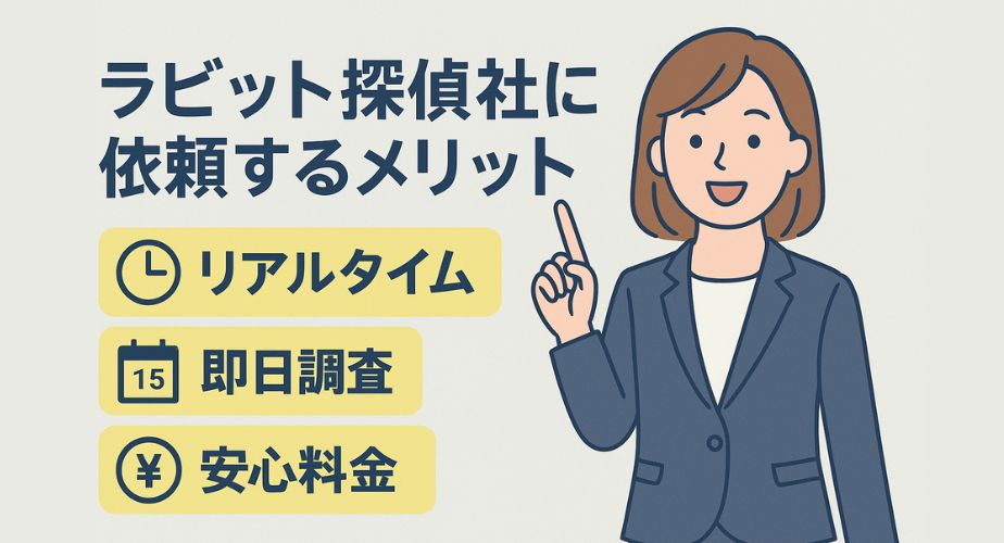 ラビット探偵社のメリットを紹介する画像。スーツ姿の女性がリアルタイム・即日調査・安心料金の3つのポイントを黄色の枠で指し示している。