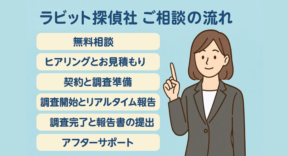 ラビット探偵社の相談の流れを示す画像。スーツ姿の女性と「無料相談」から「アフターサポート」まで6つのステップが青背景に表示されている。