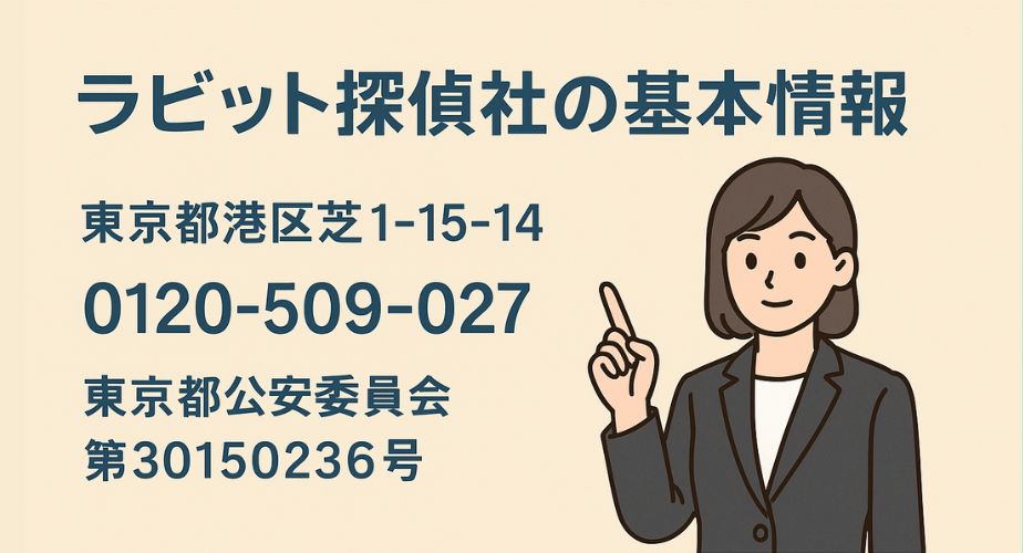 ラビット探偵社の基本情報を示す画像。スーツ姿の女性と「東京都港区芝1-15-14」「0120-509-027」「東京都公安委員会：第30150236号」の情報が並んでいる。