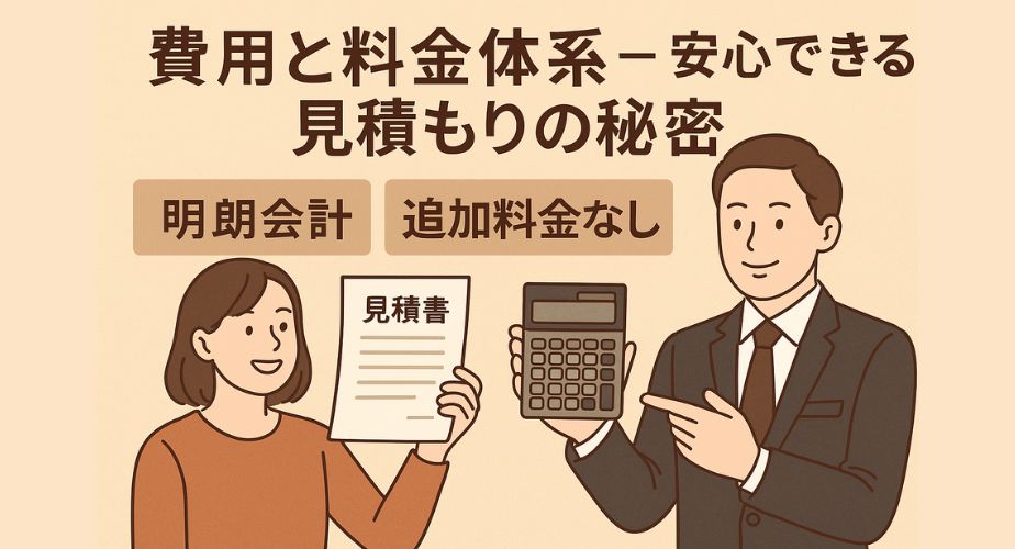 見積書を安心して確認する依頼者と、わかりやすい料金表を示す探偵が描かれたイラスト。