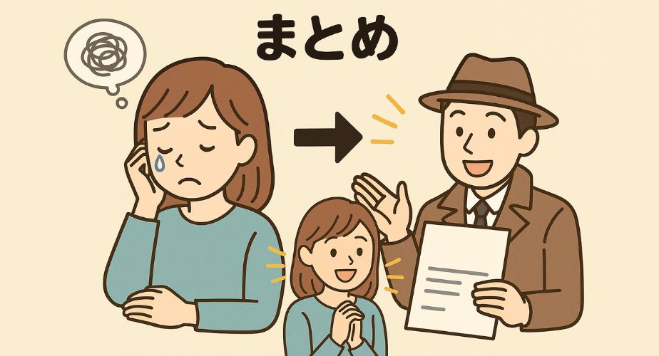 涙を流す女性が探偵に相談し、笑顔で前向きになるまでの感情の変化を2コマで描いたストーリー風イラスト。背景には「まとめ」の文字。