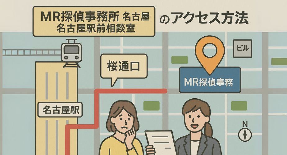 名古屋駅からMR探偵事務所までのルート地図イラスト。出口番号や目印のビルを視覚化。