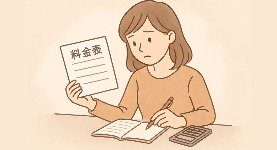探偵サービスの料金を確認しながら、予算を計算している女性のイラスト。