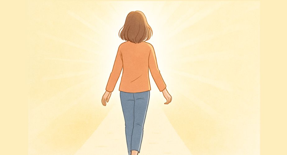  探偵への依頼という人生の選択に前向きな一歩を踏み出す女性のイラスト。