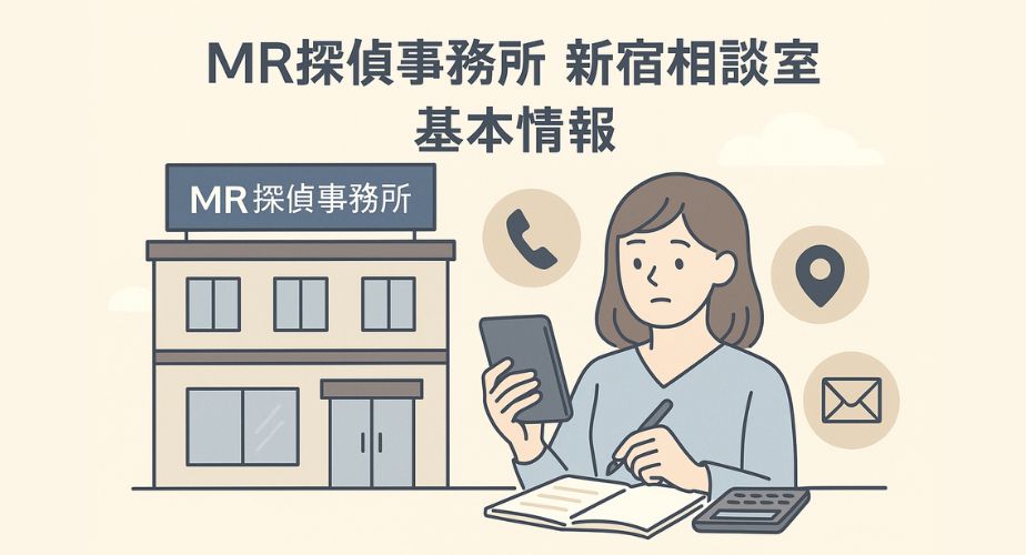 MR探偵事務所 新宿相談室の連絡先やアクセス情報をわかりやすく伝える案内風イラスト。