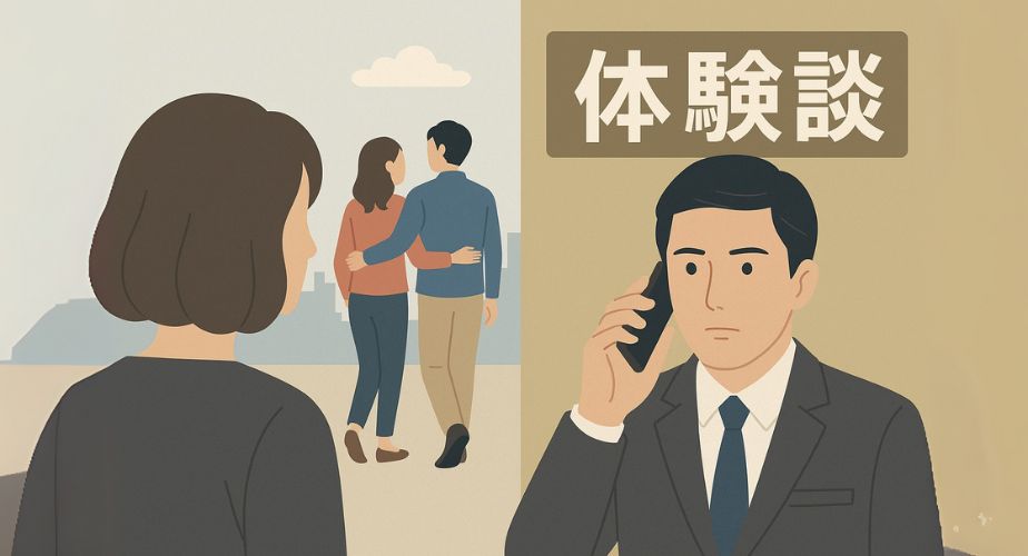 浮気現場を目撃する女性と、調査依頼をする男性探偵のイラスト。「体験談」の文字が右上にあり、浮気調査を依頼した実体験のストーリー性を視覚で伝える構成。
