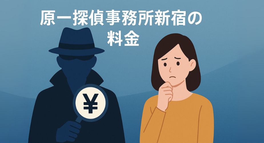 探偵風のシルエットが虫眼鏡を持ち、中央には円マーク。隣には料金に不安を感じる女性のイラスト。背景には「原一探偵事務所新宿の料金」と簡潔に表示されたデジタル風デザイン。