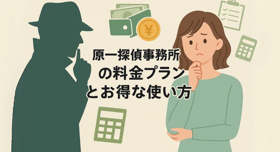 原一探偵事務所の料金プランに悩む女性と、シルエットで描かれた探偵。中央に「料金プランとお得な使い方」のタイトルと、財布・計算機・チェックリストなど費用に関連するアイコンが並ぶデザイン。