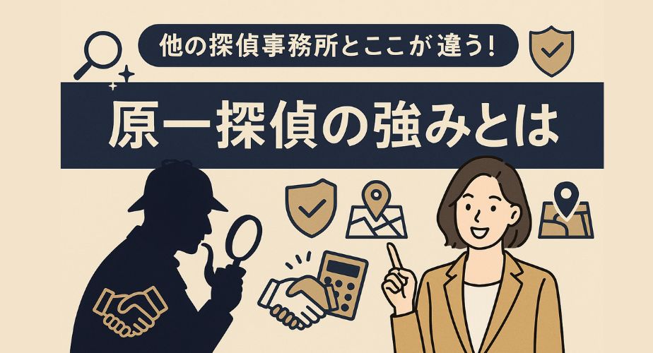 探偵のシルエットと笑顔の女性が対比的に配置され、「原一探偵の強みとは」の短いタイトルが中央に配置。信頼・正確さ・安心感を象徴するアイコンが背景に並ぶ、分かりやすく安心感のあるデザイン。