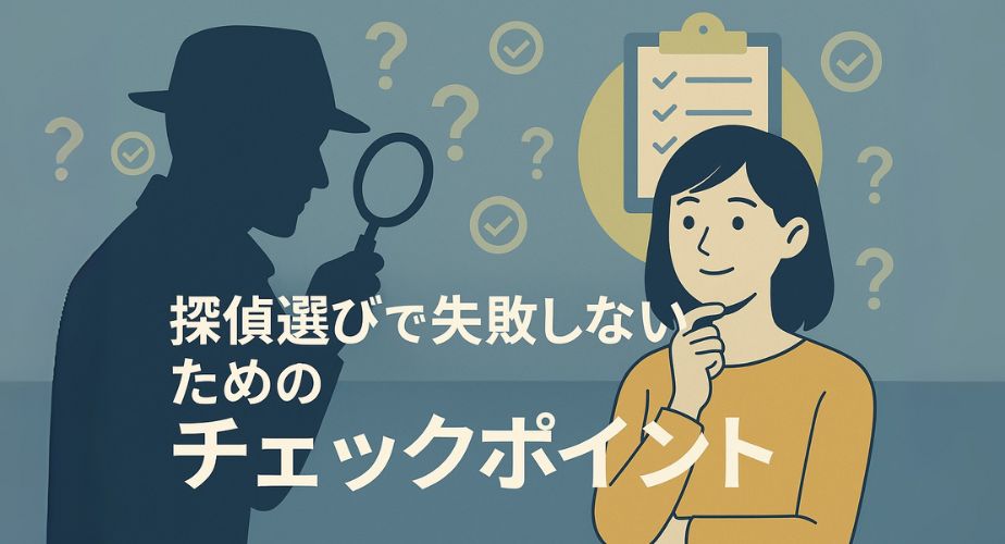 左に探偵のシルエット、右にチェックリストを見ながら考える女性のイラスト。「探偵選びで失敗しないためのチェックポイント」の文字が中央に配置された、安心と判断の象徴を表すビジュアル。