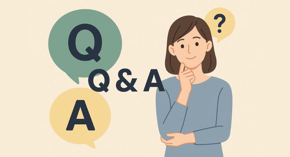 Q&Aの吹き出しと一緒に、考え込む女性のイラストが描かれた16：9のフラットデザイン。質問と回答を象徴するアイコンと「Q&A」の文字が中央に配置され、親しみやすく安心感のある雰囲気。
